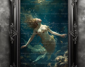 Underwater Mermaid Fine Art Print - Fantasy Wall Decor, Siren Poster, Magical Dreamcore Picture, Celestial Sea Painting, Beautiful Ocean Art