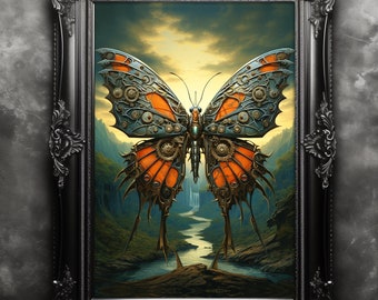 Butterfly Surreal Art Print, Robotic Butterfly Poster, Steampunk Wall Decor, Magical Fantasy Picture, Butterfly Painting, Dark Academia Art