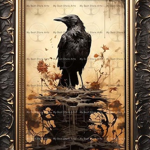 Gothic Raven Art Print -, Witchy Artwork, Goblincore Poster, Occult Crow Portrait, Dark Academia, Bird Painting, Raven Wall Decor C407