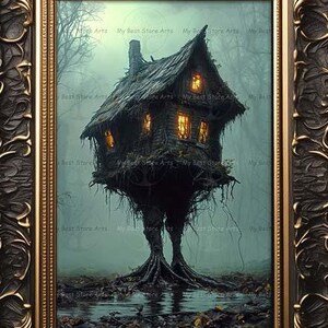 Spooky Baba Yaga House Art Print - Witchy Fantasy, Gothic Picture, Slavic Folklore Wall Decor, Dark Academia Pagan Poster, Esoteric Art E640