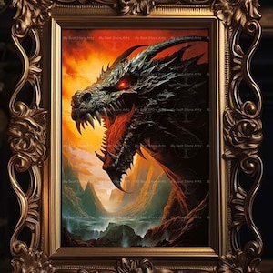 Black Dragon Art Print, Dark Dragon Fine Art Print, Portrait Mythical Dragon, Fantasy Creature, Black Dragon Painting Picture Poster