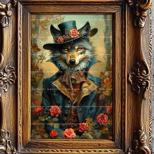 Fancy Rose Wolf Art Print - Fantasy Animal Poster, Whimsical Gothic ...