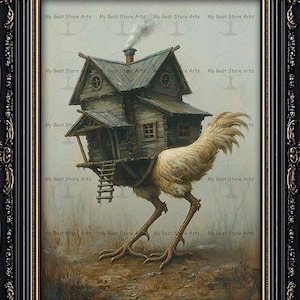 Creepy Baba Yaga House Art Print | Witchy Gothic Slavic Folklore Decor | Dark Academia Moody Pagan Poster | Mystical Occult Fantasy Picture