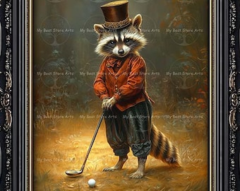 Raccoon Playing Golf Art Print - Sports-themed Fantasy Picture