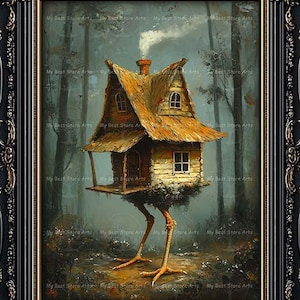 Baba Yaga House Art Print | Witchy Slavic Folklore Decor | Dark Academia Gothic Pagan Poster | Mystical Moody Cute Fairytale Fantasy Picture