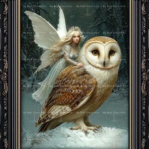 Snow Fairy and Owl Art Print - Fantasy Gothic Picture, Winter Fae Poster, Whimsical Nature Wall Decor, Pixie, Folklore Fairytale, F007