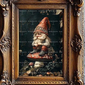 Cute Red Gnome Art Print - Fantasy Cottagecore Picture, Fairy Forest Poster, Whimsical Nature Celestial, Magical Elf, Mushroom Folklore D773