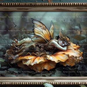 Sleeping Fairy Art Print - Fantasy Cottagecore Picture, Flower Fae Poster, Moody Whimsical Nature Wall Decor, Cute Pixie, Folklore, D522