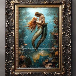 Mermaid and Merman Art Print - Romance Love Poster, Cute Siren Underwater, Fairytale Corals, Mermaidcore, Fantasy Valentines Gift, D707