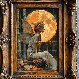 Bright Moon Fairy Art Print - Fantasy Cottagecore Picture, Autumn Fae Poster, Moody Whimsical Nature Decor, Pixie Faerie, Folklore, D450