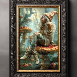 Whimsical Gnome Art Print - Fantasy Cottagecore Picture, Mushroom Fairy Poster, Nature Wall Decor, Cute Celestial Pixie, Folklore, D594