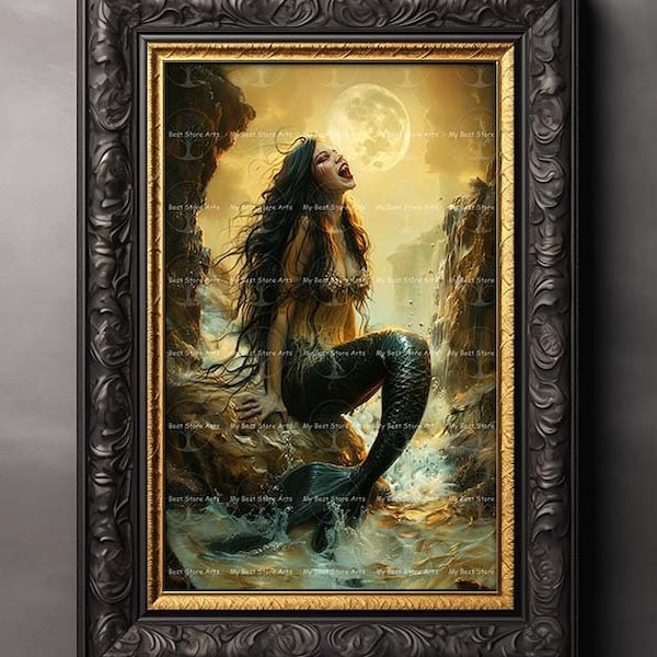 Evil Vampire Mermaid Art Print - Sea Siren Poster, Fantasy Decor, Folklore Painting, Marine Nymph Picture, Gothic, Witchy Dark Academia D555