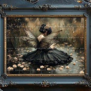 Gothic Book Fairy Art Print - Fantasy Pond Cottagecore Picture, Fairytale Fae Poster, Whimsical Wall Decor, Moody Pixie, Folklore, D763