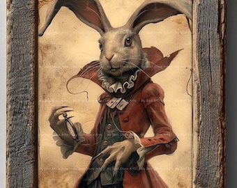 Alice Wonderland Rabbit Art Print - Fantasy Wall Decor, Dark