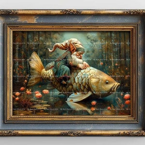 Gnome and Fish Art Print - Fantasy Cottagecore Picture, Pond Fae Poster, Whimsical Nature Wall Decor, Surreal Oddity, Folklore Gift, D650