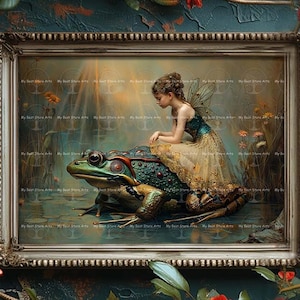 Fairy and Frog Art Print - Fantasy Cottagecore Picture, Pond Fae Poster, Whimsical Animal Wall Decor, Cute Celestial Pixie, Folklore, D746
