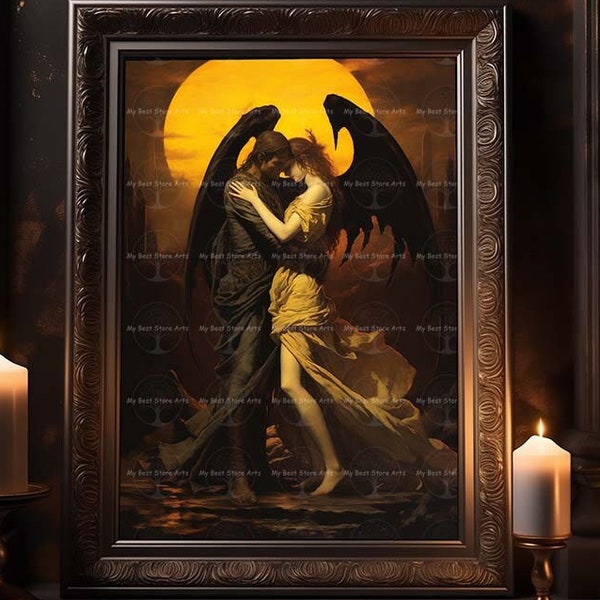 Fallen Angel and Bride Fine Art Print, Devil Demon Gothic Romance, Passion Love Wall Decor, Angel Dark Academia Picture, Dark Angel Poster