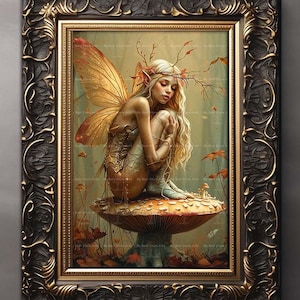 Golden Fairy Art Print - Fantasy Cottagecore Picture, Autumn Fae Poster, Whimsical Nature Wall Decor, Pixie Faerie, Folklore Celestial, D260
