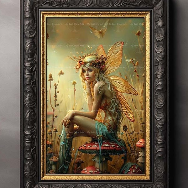 Whimsical Fairy Art Print - Fantasy Cottagecore Picture, Golden Fae Poster, Nature Wall Decor, Pixie Faerie, Folklore Sprite, D259