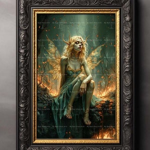 Mischievous Fairy Art Print - Fantasy Cottagecore Picture, Spooky Evil Fire Fae Poster, Gothic Wall Decor, Pixie Faerie, Folklore, D416