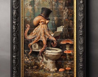 Octopus Cottagecore Bathroom Art Print - Fantasy Wall Decor, Whimsical Toilet Picture, Moody Poster, Cute Funny Painting, D472