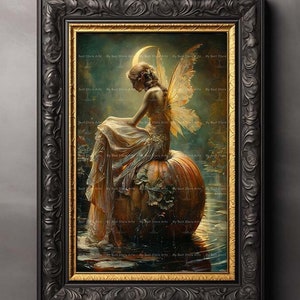 Pumpkin Fairy Art Print - Fantasy Cottagecore Picture, Midnight Fae Poster, Moody Whimsical Nature Wall Decor, Pixie Faerie, Folklore, D396