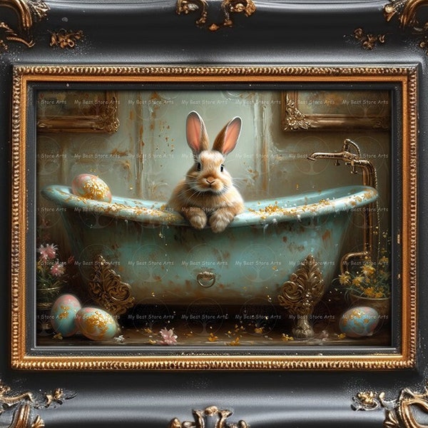 Easter Rabbit in a Bathtub Art Print - Fantasy Poster, Animal Decor, Bunny Portrait, Cute Whimsical Easter Picture, Holiday Painting, C993