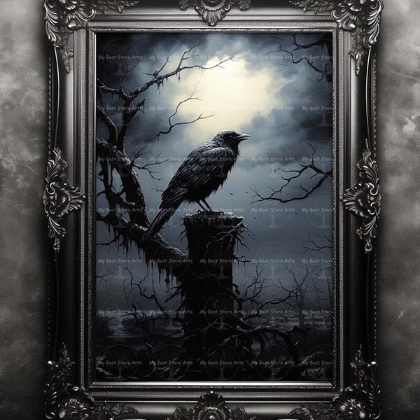 Gothic Crow Raven Fine Art Print, Dark Academia Occult Home Decor, Gothic Crow Picture, Mystic Crow Painting, Occult Fine Art Poster, Photo