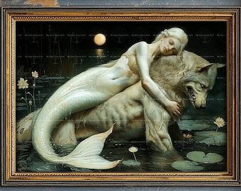 Mermaid and Werewolf Art Print - Cottagecore Fantasy Wall Decor, Gothic Dark Academia, Moody Wolf and Siren Poster, Folklore Picture, D222