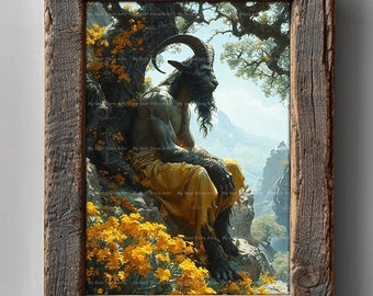Baphomet and Yellow Flowers Art Print - Fantasy Poster, Gothic Cottagecore Goat Decor, Dark Academia, Whimsigoth Witchy Pagan Occult, C773
