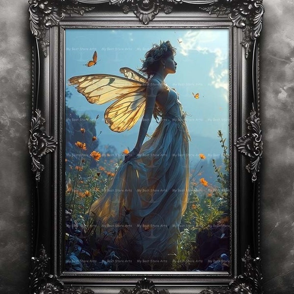 Butterfly Fairy Art Print - Fantasy Wall Decor, Cottagecore Poster, Whimsical Celestial Picture, Magical Fairycore, Dreamcore Fae