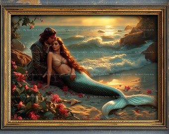 Sailor and Mermaid Art Print - Romance Love Poster, Tropical Mermaid Painting, Ocean Sunset Decor, Mermaidcore, Valentines Gift D118