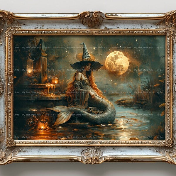 Mermaid Witch Art Print - Sea Siren Poster, Fantasy Decor, Folklore Painting, Marine Nymph Picture, Gothic Cottagecore, Witchcraft Moon D346