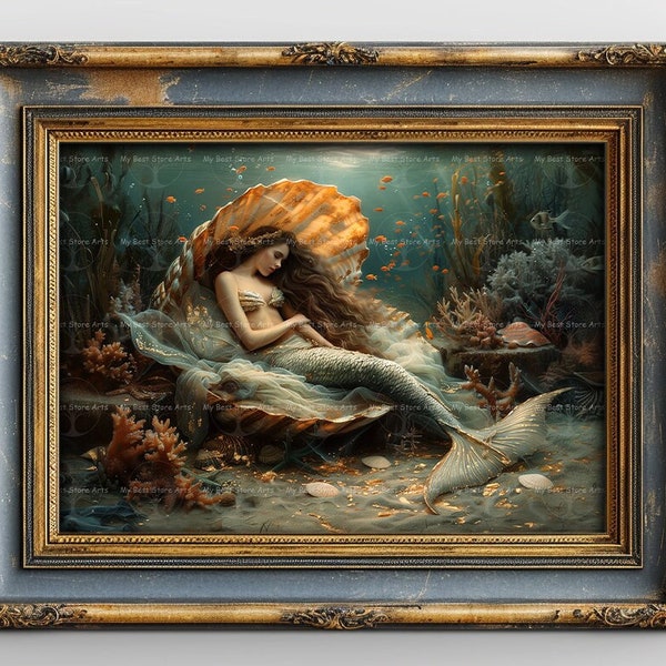 Sleeping Mermaid Art Print - Sea Siren Poster, Fantasy Decor, Folklore Painting, Marine Nymph Picture, Underwater Corals Fish, D342