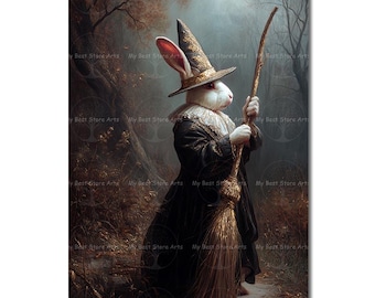 Witch Rabbit Art Print - Gothic Cottagecore Fantasy Poster, Dark Academia Picture, Halloween Animal Wall Decor, Moody Witchcore Art