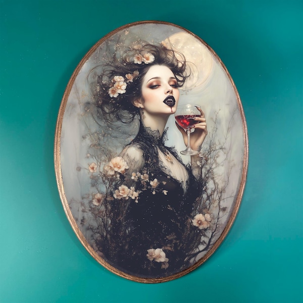 Vampire's Glass Wooden Decor- Fantasy Gothic Vintage Style Wood Plaque, Dark Academia Halloween Wall Decor, Witchy Vampiric Woman Art
