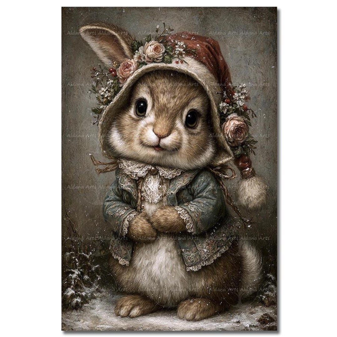 Cozy Christmas Rabbit Art Print - Victorian Animal Wall Decor ...