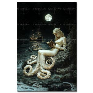 Reading Octopus Mermaid Art Print - Fantasy Sea Siren Poster, Octomaid Picture, Nautical Gothic Ocean Wall Decor