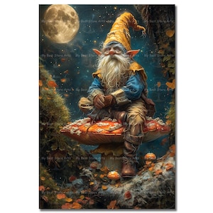 Garden Gnome Art Print - Fantasy Cottagecore Picture, Whimsical Folklore Fae Poster, Mushroom Wall Decor
