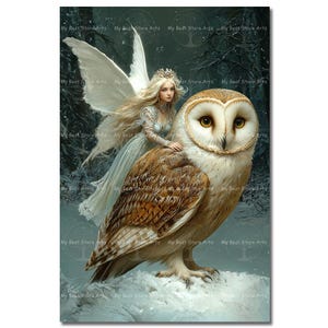 Snow Fairy and Owl Art Print - Fantasy Gothic Picture, Winter Fae Poster, Whimsical Nature Wall Decor, Pixie, Folklore Fairytale