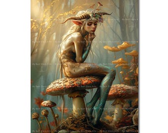 Magical Fae Art Print - Fantasy Cottagecore Picture, Fairy Poster, Whimsical Wall Decor, Moody Cute Mushroom Forest