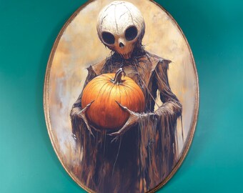 Spooky Skeleton Wooden Decor- Witchy Halloween Pumpkin, Vintage Style Wood Plaque, Dark Academia Fantasy Wall Art, Gothic Witchy Zombie