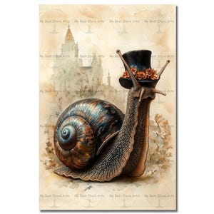 Victorian Snail Art Print - Fairytale Fantasy Poster, Whimsical Funny Animal Picture, Cute Moody Decor, Snail with Top Hat