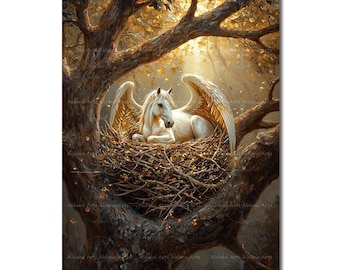 Pegasus Nest Art Print - Fantasy Cottagecore Picture, Mystical Fairytale Poster, Greek Mythological Winged Horse Wall Decor