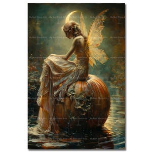 Pumpkin Fairy Art Print - Fantasy Cottagecore Picture, Midnight Fae Poster, Moody Whimsical Pixie Wall Decor