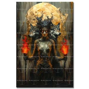 Hecate Witch Art Print - Gothic Occult Picture, Folklore Witch Decor, Dark Academia Pagan Poster, Macabre Witchcraft Goddess, Wolf Dogs