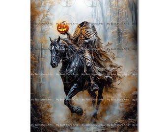 Headless Horseman Art Print - Fantasy Decor, Halloween Spooky, Gothic Folklore, Macabre Horror Wall Art, Autumn Ghost, Dark Cottagecore