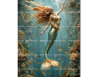 Mermaid Reaching the Surface Art Print - Sea Siren Poster, Fantasy Decor, Marine Nymph Picture, Nautical Folklore Gift