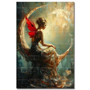 Fairy on the Moon Art Print - Fantasy Folklore Picture, Moody Gothic Fae Poster, Whimsical Pixie Wall Decor
