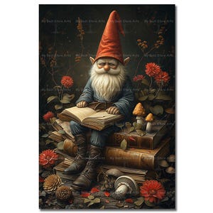 Gnome Reading Book Art Print - Fantasy Cottagecore Picture, Gothic Poster, Whimsical Bookish Wall Decor